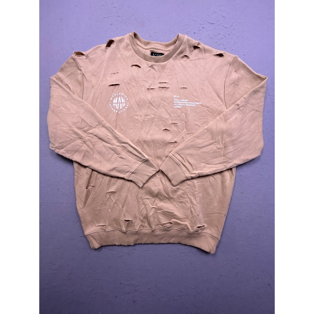 boohooMAN Sweatshirt Jersey Distressed Tan Beige XS Mens